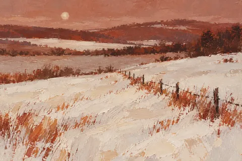 A snowfield with one dark fence line in stone, terracotta, ochre, rust; landscape artwork.