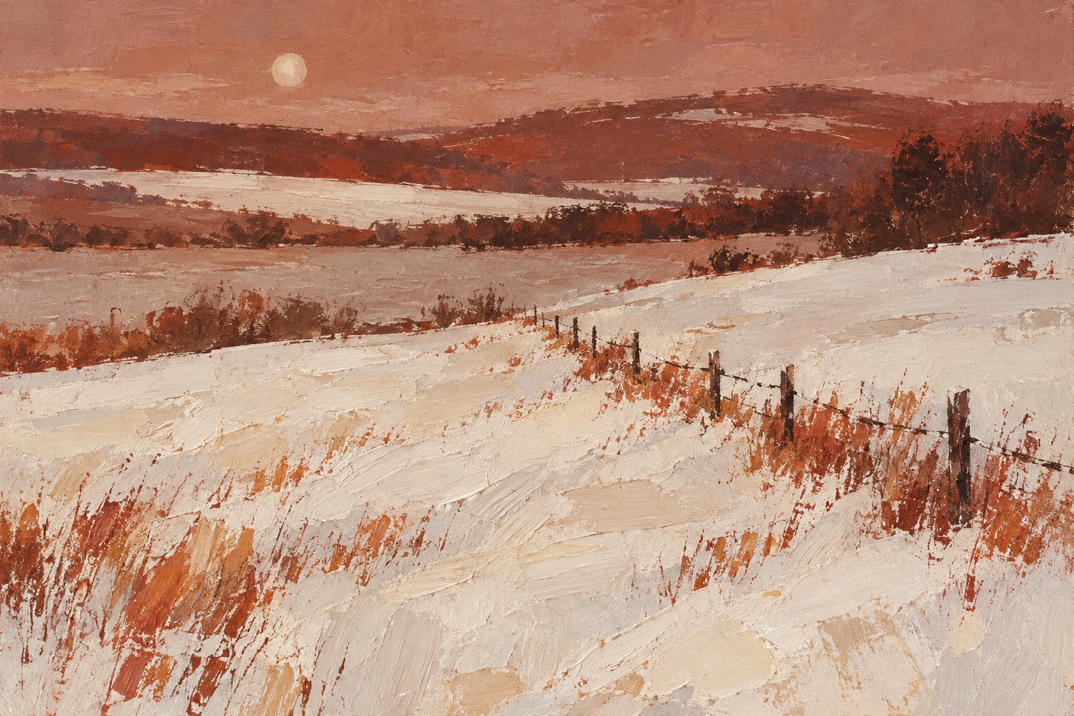 A snowfield with one dark fence line in stone, terracotta, ochre, rust; landscape artwork.