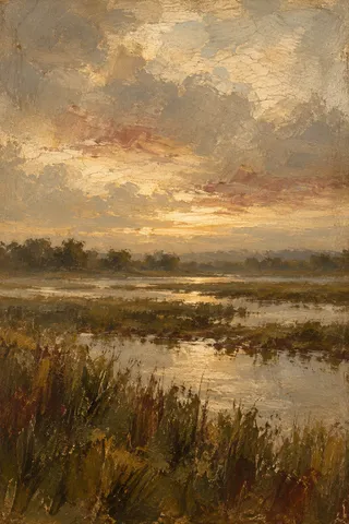 A marsh at first light in brown, sand, taupe, ochre; portrait artwork.