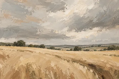 A wheat field under a heavy sky in sand, stone, sage, cream; landscape artwork.
