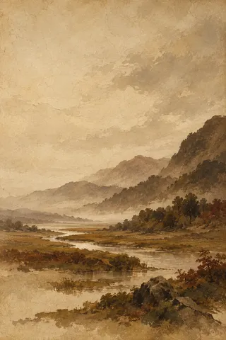 A valley floor with a thin silver stream in stone, brown, sand, sage; portrait artwork.