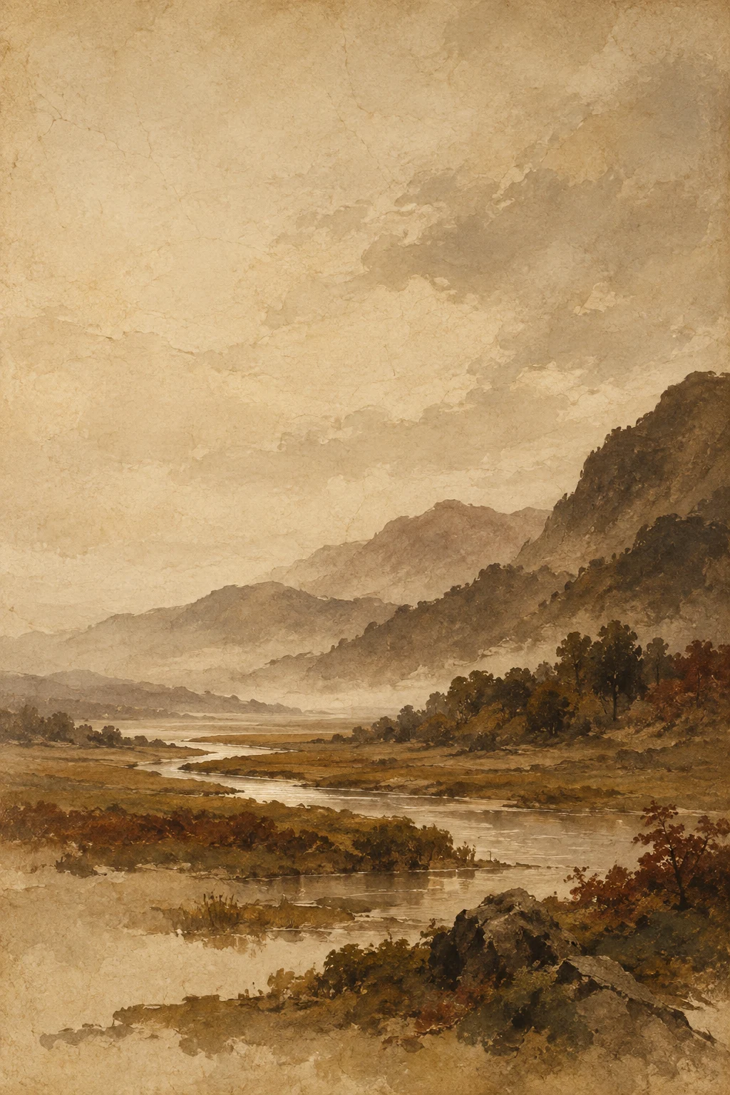 A valley floor with a thin silver stream in stone, brown, sand, sage; portrait artwork.
