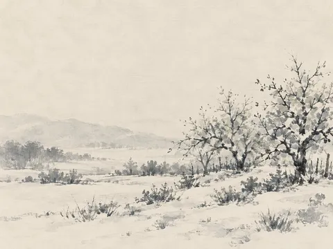An orchard in winter in cream, stone, gray; landscape artwork.