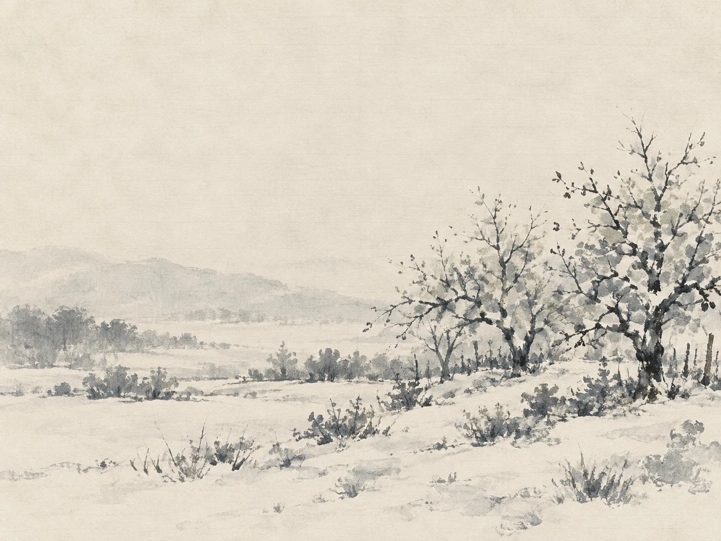 An orchard in winter in cream, stone, gray; landscape artwork.