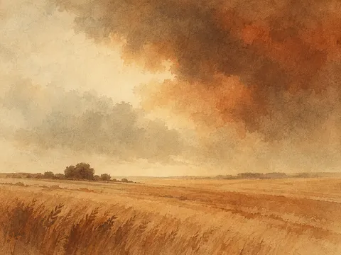 A wheat field under a heavy sky in sand, terracotta, blush, ochre; landscape artwork.