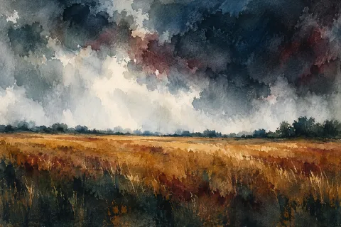 A wheat field under a heavy sky in black, cream, gray, brown; landscape artwork.