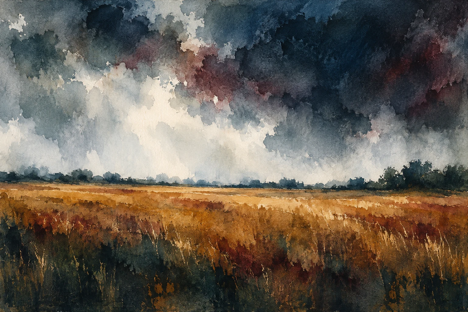 A wheat field under a heavy sky in black, cream, gray, brown; landscape artwork.
