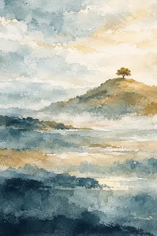 A hill with one tree at the top in cream, stone, white, gray; portrait artwork.