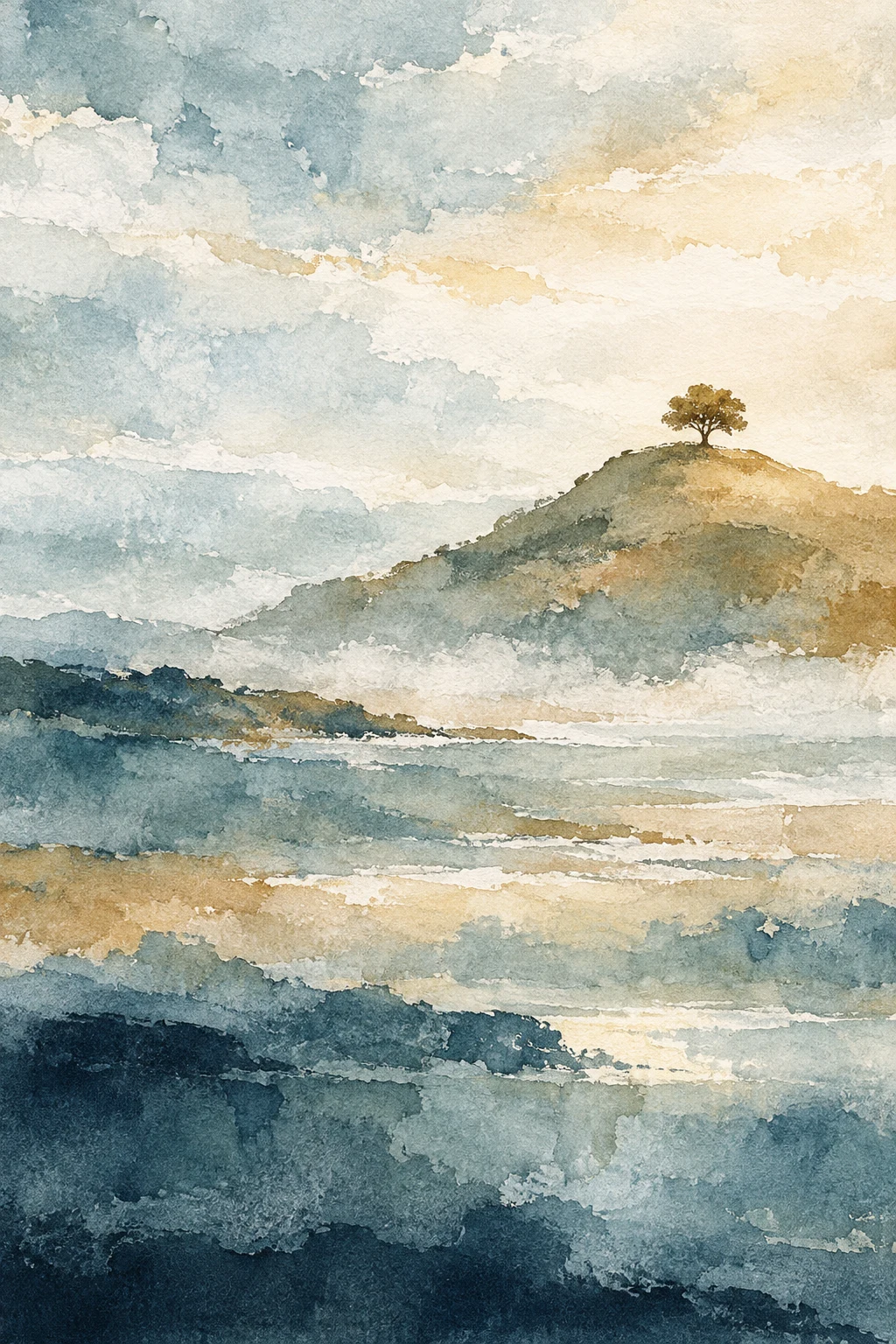 A hill with one tree at the top in cream, stone, white, gray; portrait artwork.