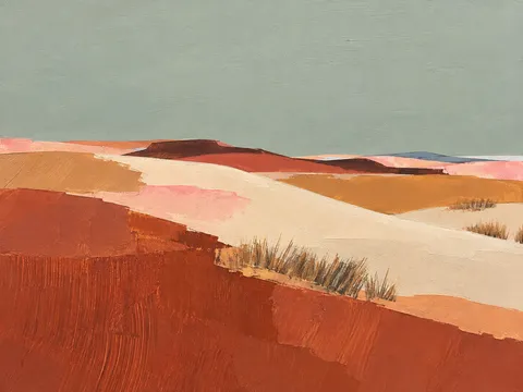 A dune field with sparse grass in stone, cream, red, terracotta; landscape artwork.