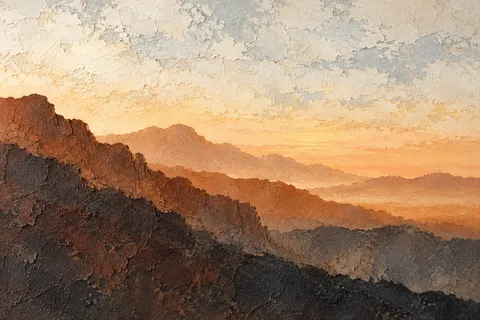 Layered mountain silhouettes at dawn in cream, brown, stone, black; landscape artwork.