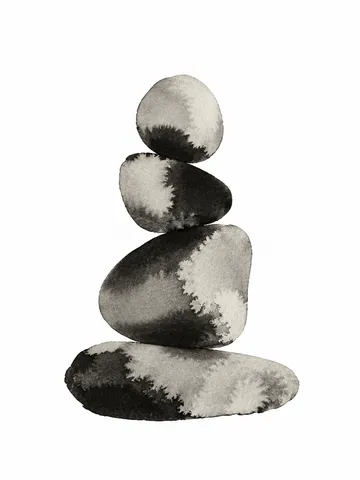 River stones stacked in a quiet cairn in white, cream, charcoal; portrait artwork.
