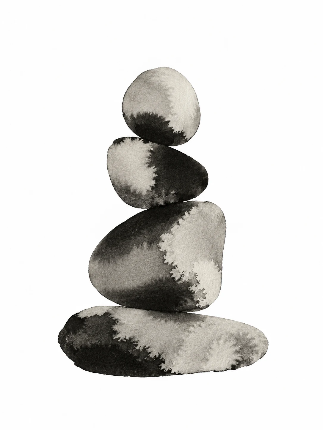 River stones stacked in a quiet cairn in white, cream, charcoal; portrait artwork.