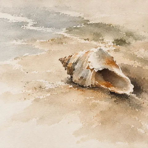 A single shell on sand in cream, stone, sand, taupe; square artwork.
