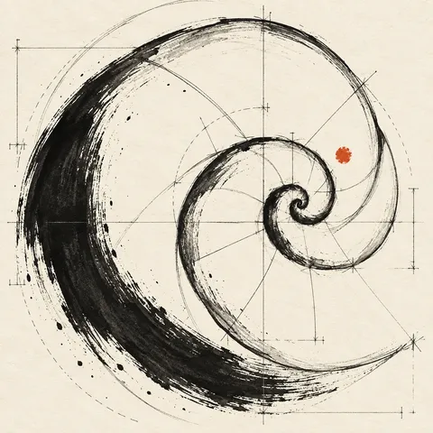 A snail shell spiral in white, cream, black, gray; square artwork.