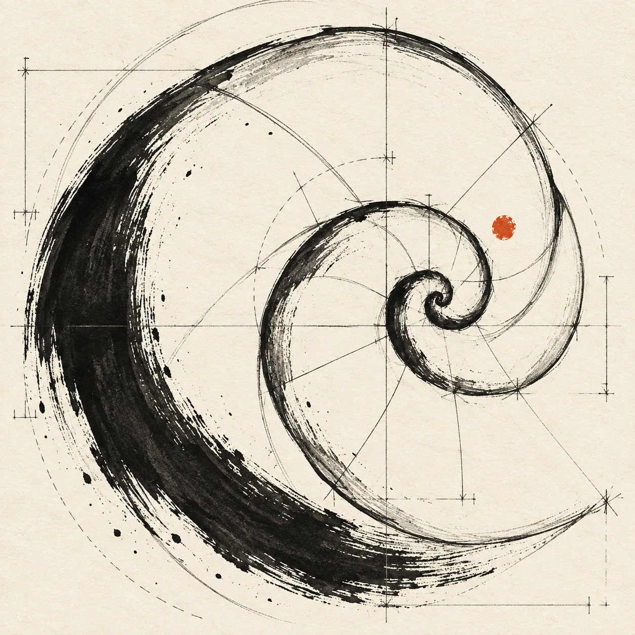 A snail shell spiral in white, cream, black, gray; square artwork.
