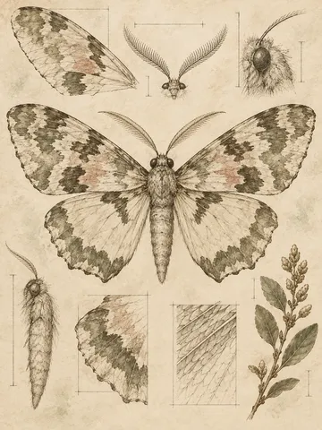 A moth with wings spread in cream, sand, stone, taupe; portrait artwork.