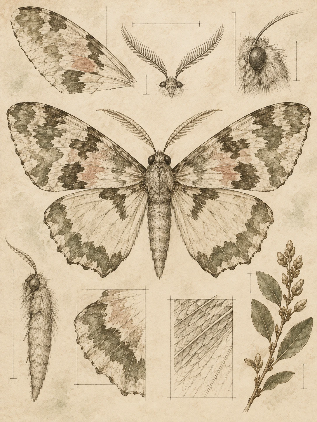 A moth with wings spread in cream, sand, stone, taupe; portrait artwork.
