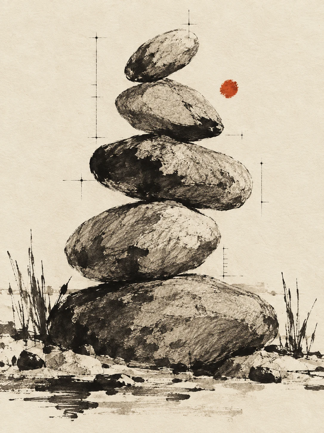 River stones stacked in a quiet cairn in cream, sand, olive, charcoal; portrait artwork.