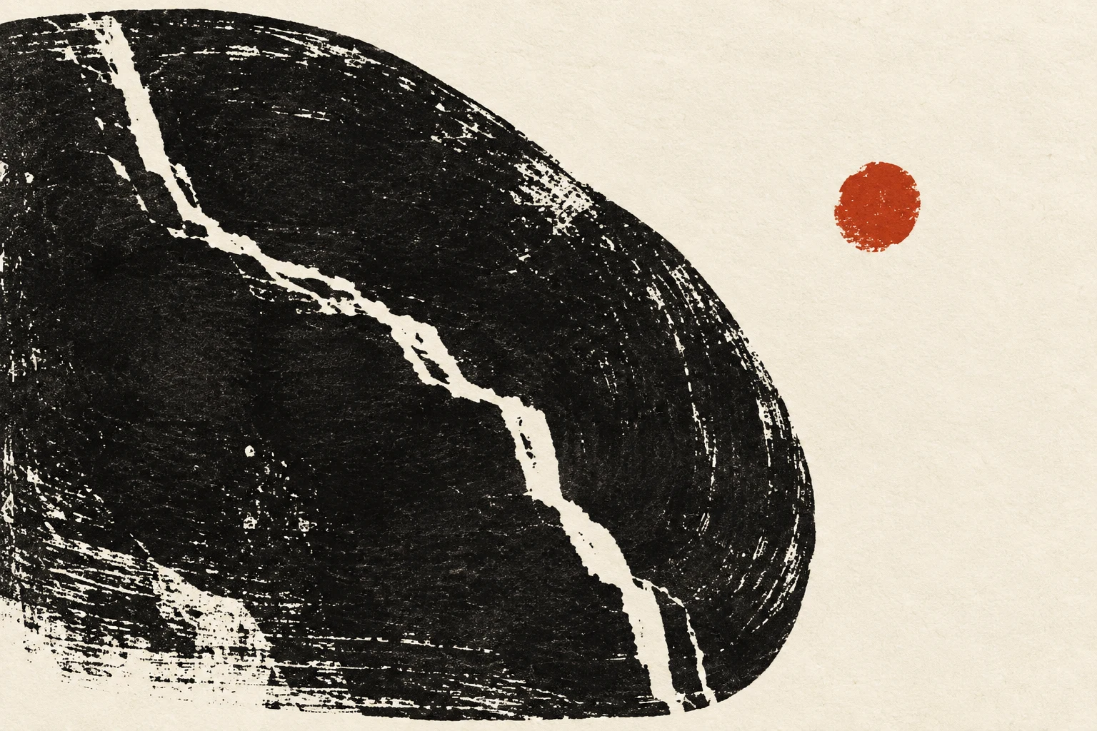 A stone with one white vein in white, black, charcoal, sand; landscape artwork.