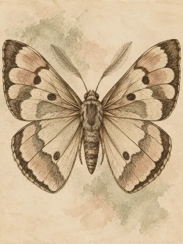A moth with wings spread in cream, stone, sand, sage; portrait artwork.