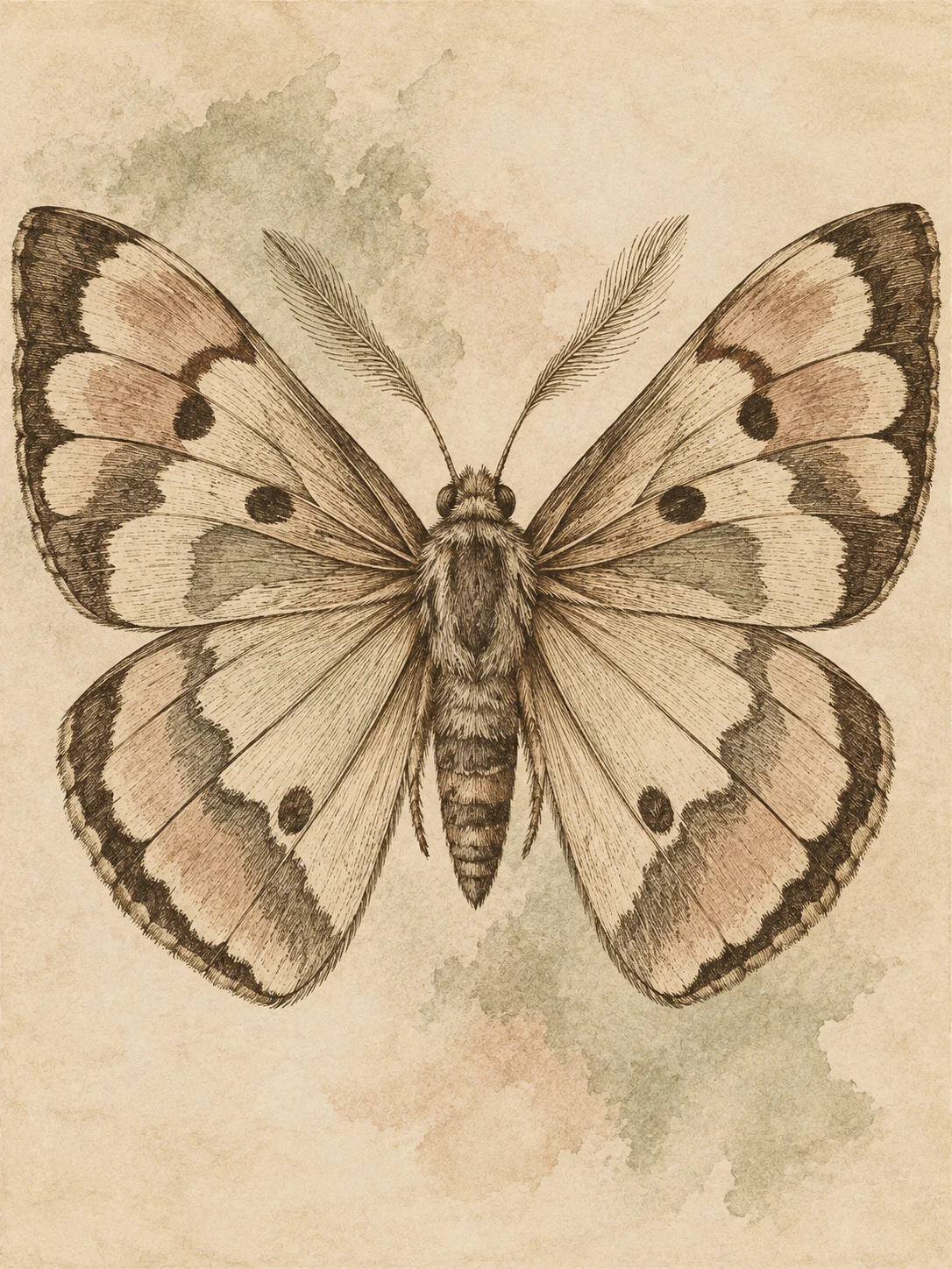 A moth with wings spread in cream, stone, sand, sage; portrait artwork.