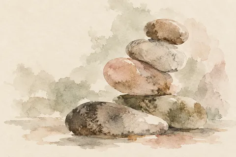 River stones stacked in a quiet cairn in cream, sand, stone, taupe; landscape artwork.