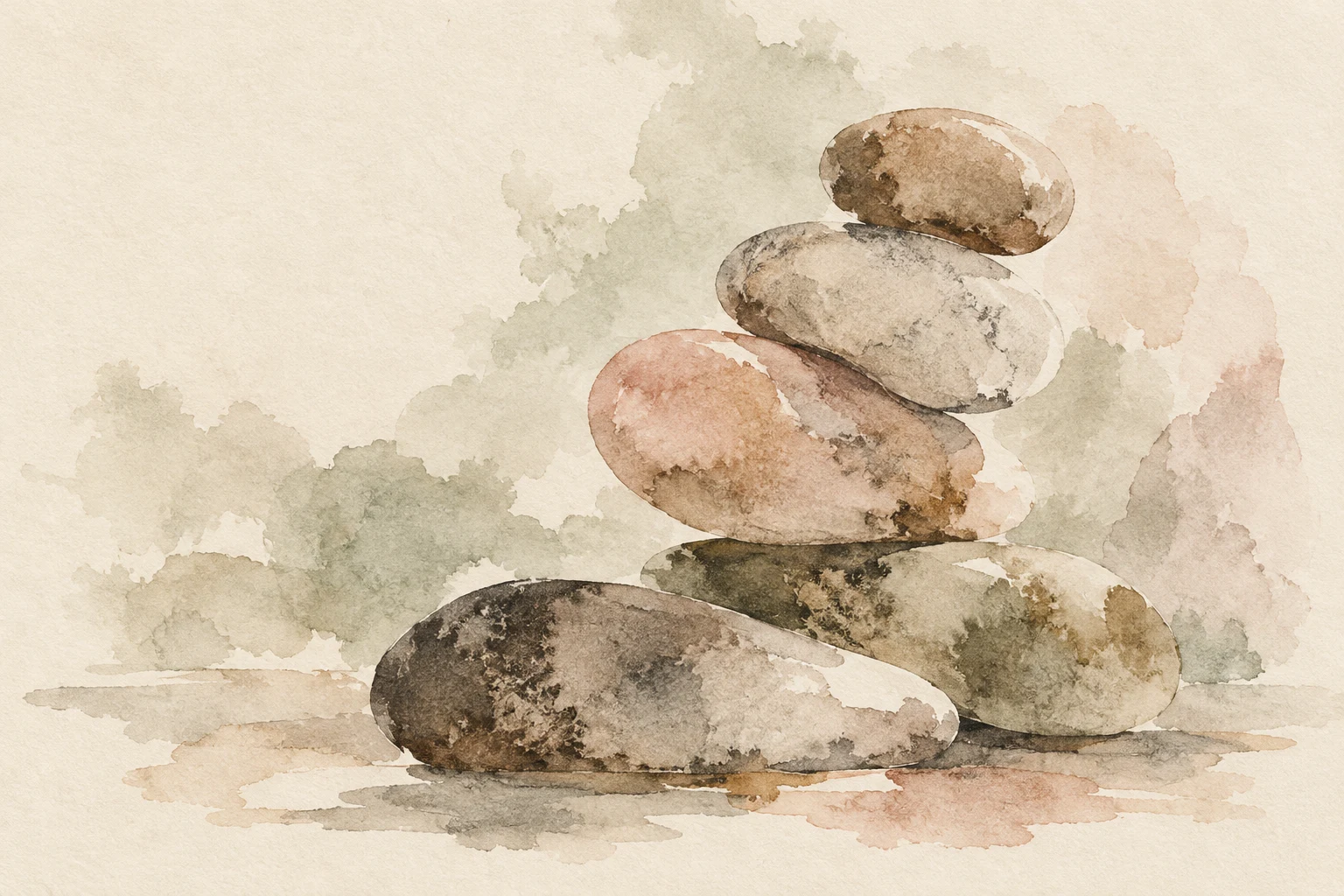 River stones stacked in a quiet cairn in cream, sand, stone, taupe; landscape artwork.