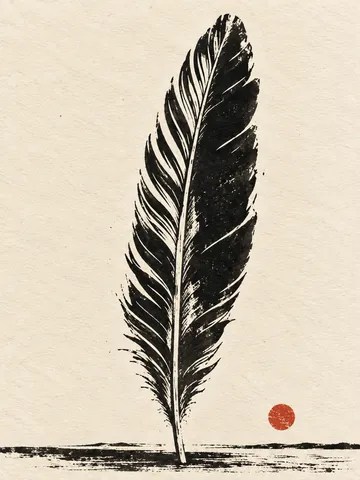A single feather in cream, charcoal; portrait artwork.