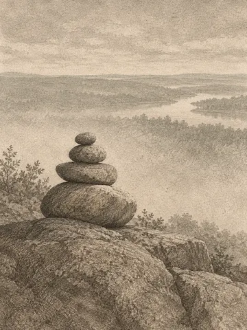 River stones stacked in a quiet cairn in stone, sand, olive, cream; portrait artwork.