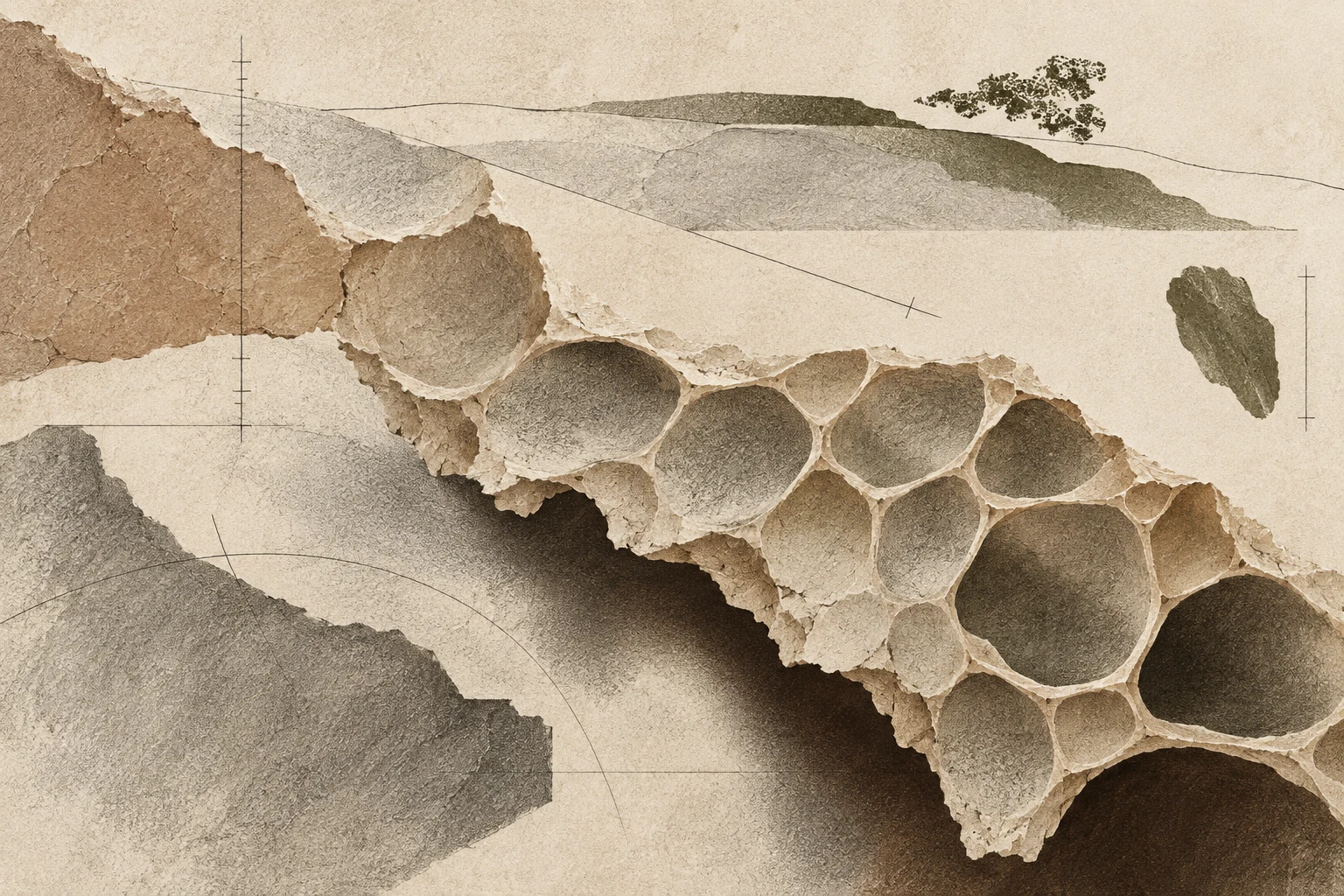 A honeycomb fragment in cream, stone, sage, taupe; landscape artwork.