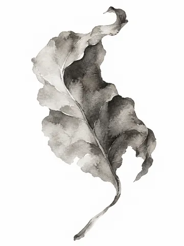 A curled dry leaf in white, gray, cream; portrait artwork.