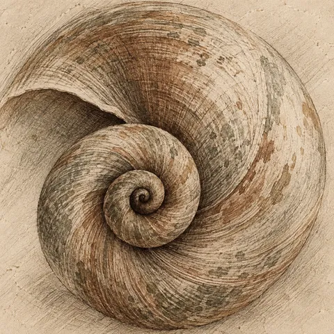 A snail shell spiral in stone, taupe, sand, olive; square artwork.