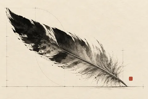 A single feather in cream, charcoal, sand; landscape artwork.