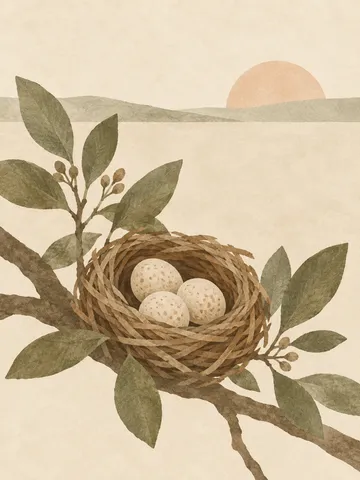 A bird's nest with three eggs in cream, taupe, olive, sand; portrait artwork.