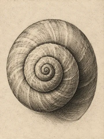 A snail shell spiral in cream, olive, gray, brown; portrait artwork.