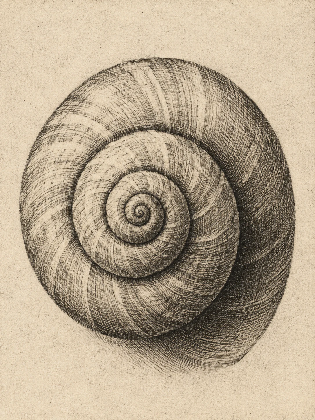 A snail shell spiral in cream, olive, gray, brown; portrait artwork.