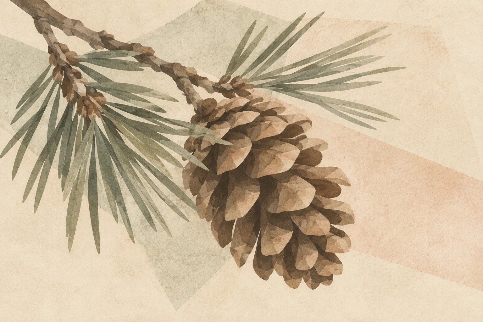 A pinecone in cream, taupe, stone, sand; landscape artwork.