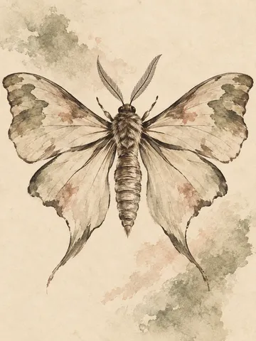 A moth with wings spread in cream, sand, stone, taupe; portrait artwork.