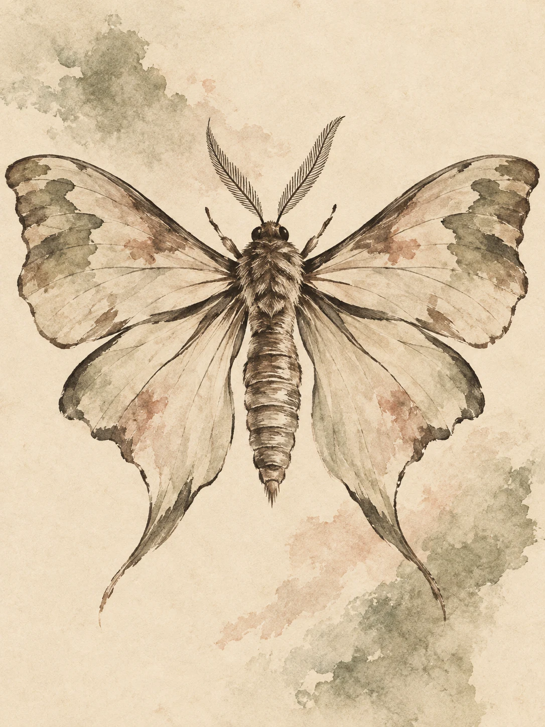 A moth with wings spread in cream, sand, stone, taupe; portrait artwork.