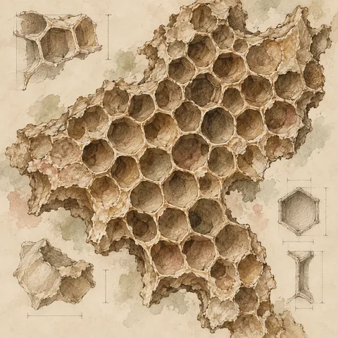 A honeycomb fragment in cream, sand, taupe, brown; square artwork.