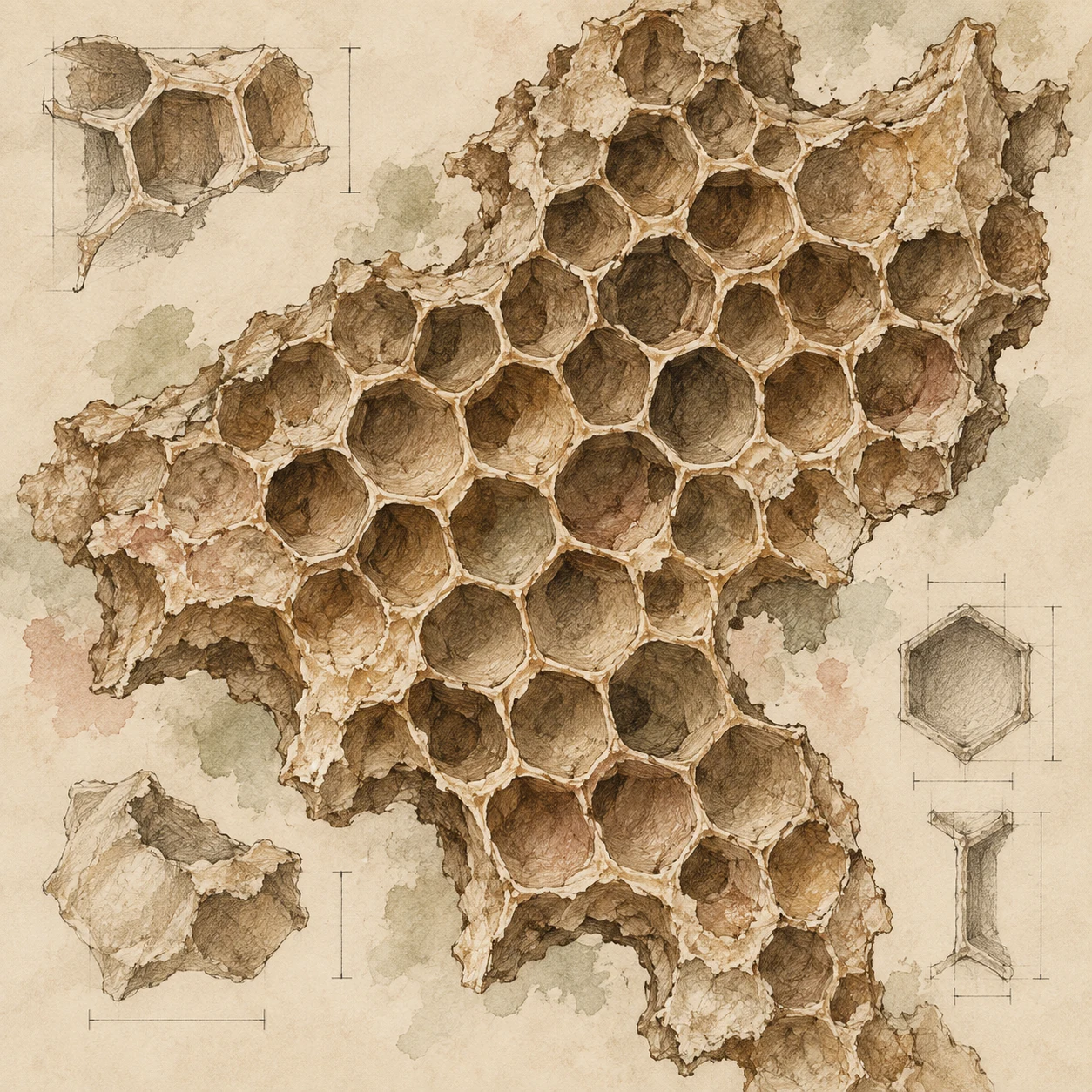 A honeycomb fragment in cream, sand, taupe, brown; square artwork.