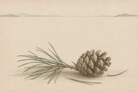 A pinecone in cream, taupe, stone; landscape artwork.