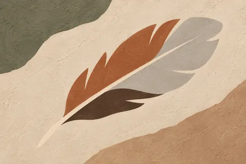 A single feather in cream, blush, taupe, sand; landscape artwork.