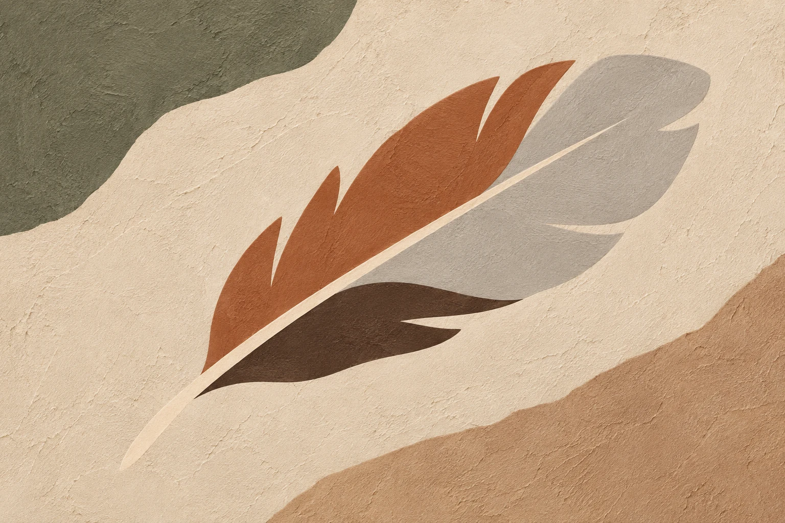 A single feather in cream, blush, taupe, sand; landscape artwork.