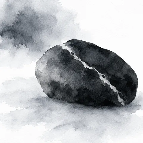 A stone with one white vein in white, black, stone, cream; square artwork.