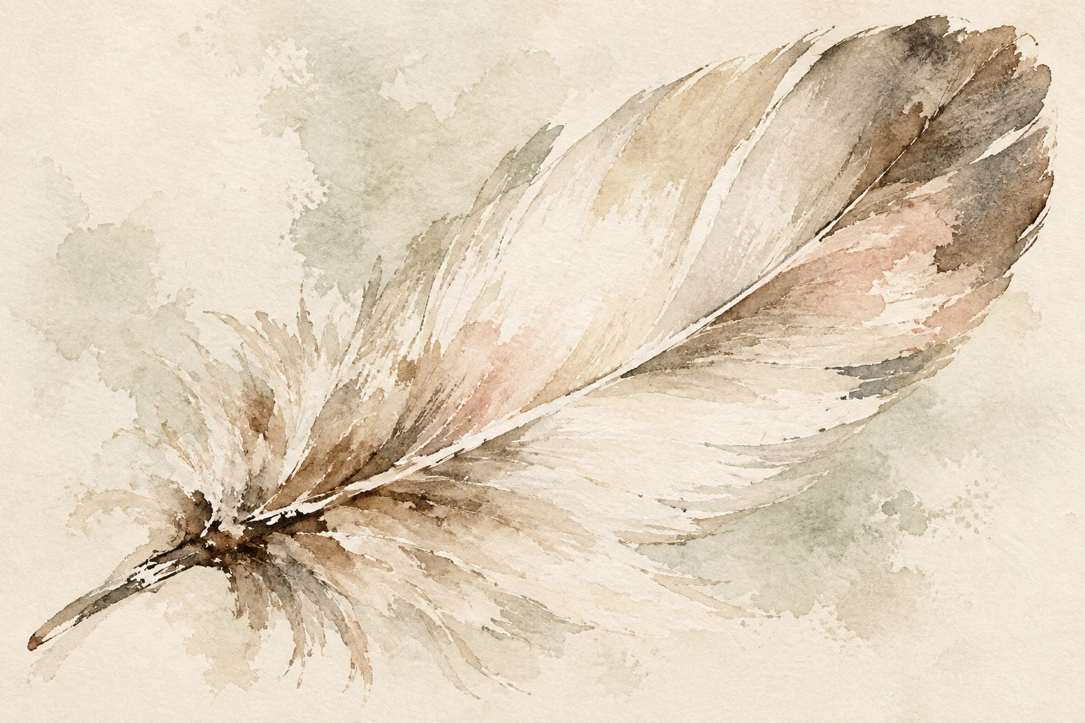 A single feather in cream, white, stone, sage; landscape artwork.