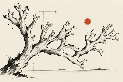 A coral branch in white, cream, stone, gray; landscape artwork.