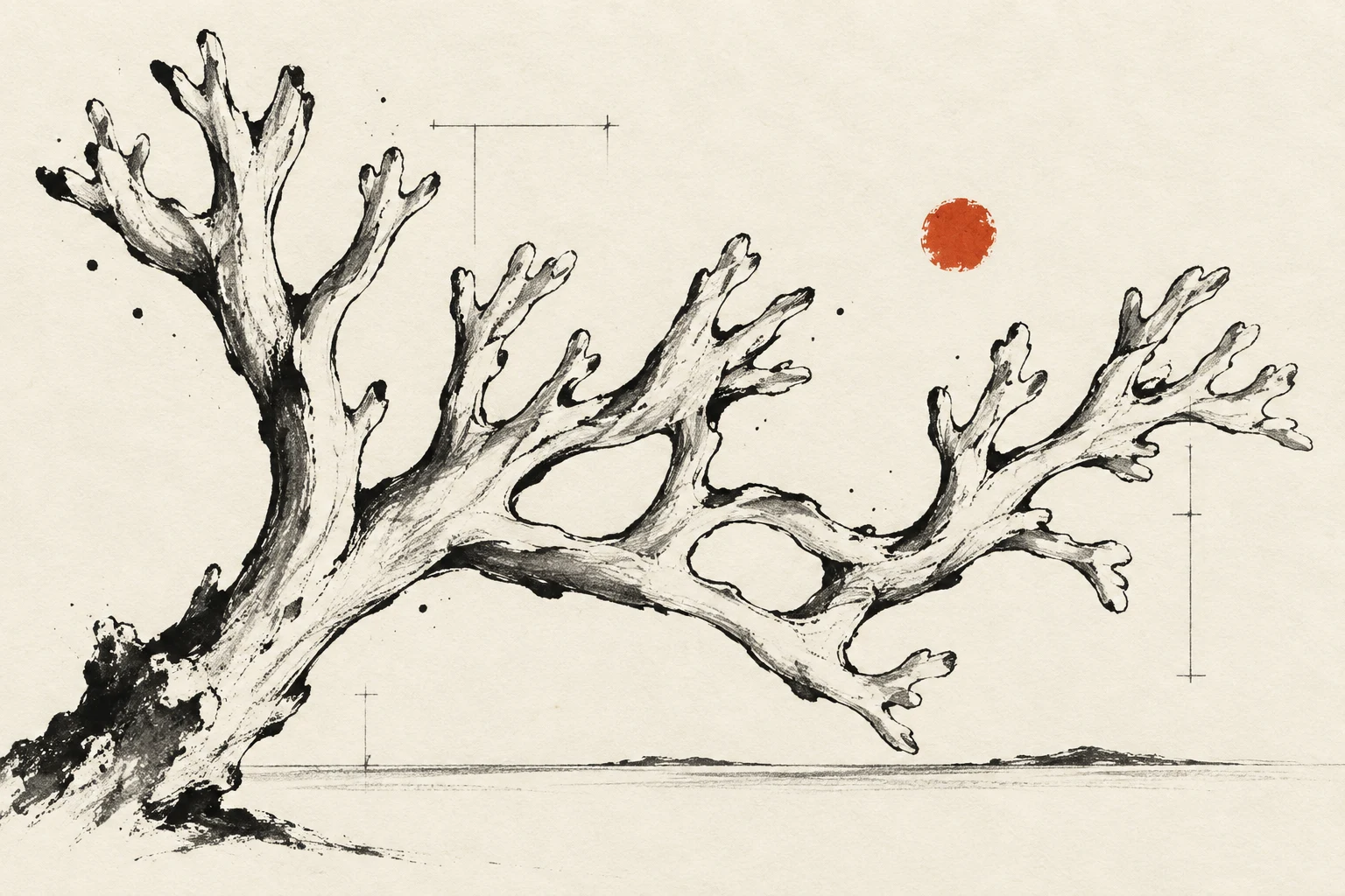 A coral branch in white, cream, stone, gray; landscape artwork.