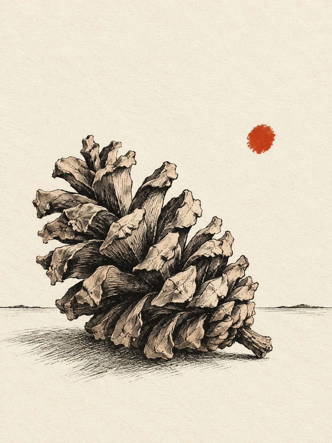 A pinecone in white, olive, cream; portrait artwork.